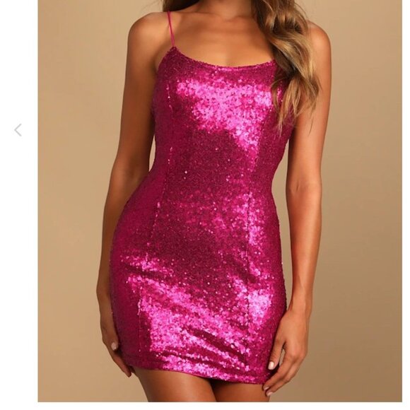 Lulus NWT Bring It Magenta Sequin Bodycon Mini Dress Size Small - Picture 1 of 5